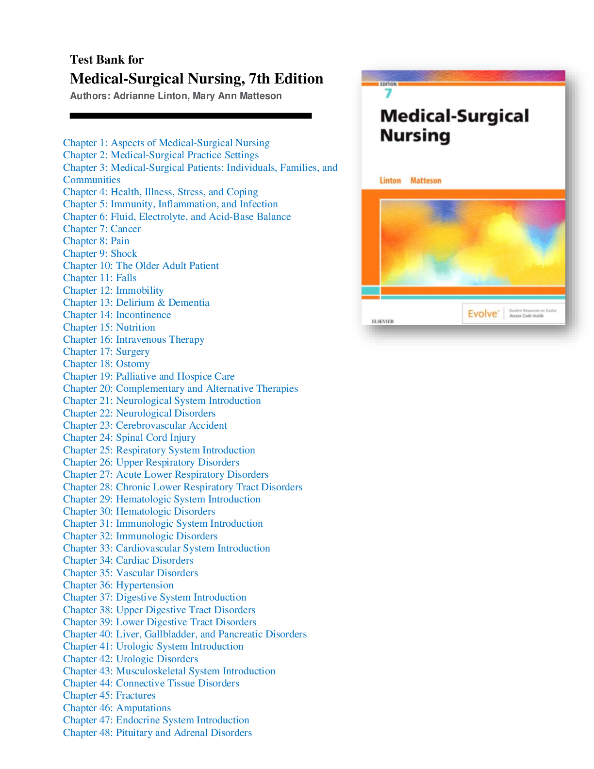 Preview image of Test Bank Medical-Surgical Nursing 7th Edition by Linton Chapter 1-63 Complete Guide A+ document